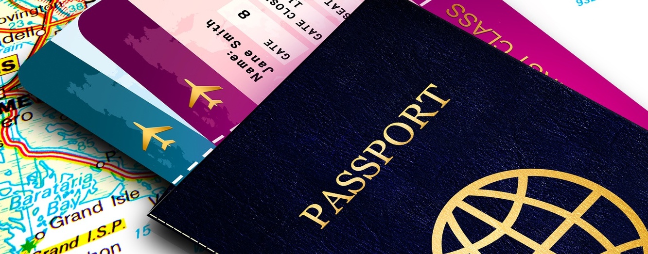 passport and fly tickets over map background